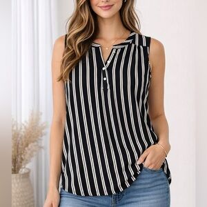 LILY MORGAN Black and White Striped Sleeveless Henley Tank L/G